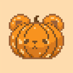 Cute Pixel Art Pumpkin Bear - Kawaii Halloween Illustration
