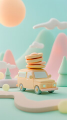 3d Clay Style toy-like truck with pancakes