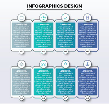 Modern 8-step business infographic template with a clean grid layout, perfect for comparing product features or outlining company services in an editable vector presentation