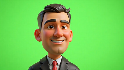 Smiling 3D cartoon man in suit on green screen. Happy professional character avatar for business, communication, or positive concepts.