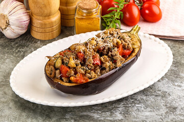 Baked eggplant stuffed meat and tomato
