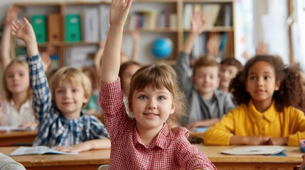 Fototapeta premium Enthusiastic students raise their hands in a bright, diverse classroom setting. Use for educational materials, illustrating engagement, or classroom learning.