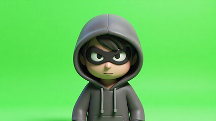 Angry 3D stylized character in hoodie and mask on green screen background