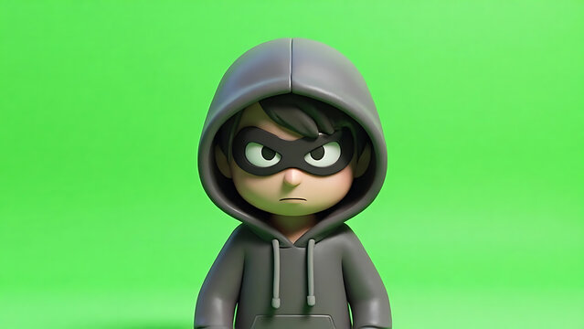 Angry 3D stylized character in hoodie and mask on green screen background