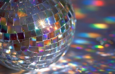 Disco ball reflecting colorful light spots on surface