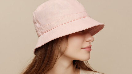 Young woman wearing a stylish light pink bucket hat outdoors in natural light