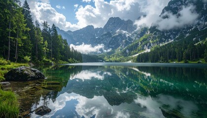 A serene lake reflecting surrounding mountains and clouds, high-resolution photo realism