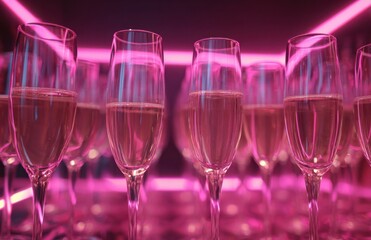 Champagne flutes filled with sparkling wine under pink neon light