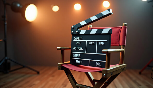 World Television Day. Movie clapperboard on director's chair in film studio, cinematic production environment