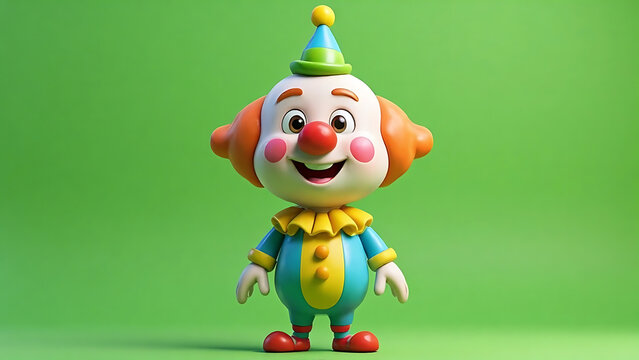 Adorable 3D cartoon clown character with party hat and colorful costume, smiling on green background, whimsical digital art