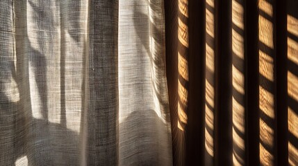 Soft sunlight through wooden slats casting striped shadows on fabric curtain, creating textured pattern and negative space, perfect for minimal interior, home decor, and background design.