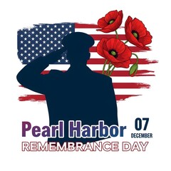 Pearl Harbor Remembrance Day Design with Soldier Silhouette, USA Flag and Red Poppies – December 7 Tribute