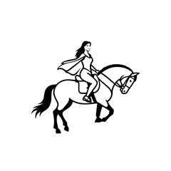 Black and white line art of a beautiful woman with perfect body riding horse elegant minimalist illustration