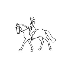 Black and white line art of a beautiful woman with perfect body riding horse elegant minimalist illustration