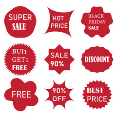Set of sale stickers and promotional labels for advertising. Discount price tags for retail marketing. Special and best offer vector graphic elements collection isolated EPS 10
