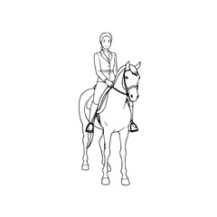 Black and white line art of a beautiful woman with perfect body riding horse elegant minimalist illustration