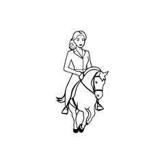 Black and white line art of a beautiful woman with perfect body riding horse elegant minimalist illustration
