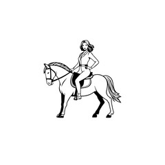 Black and white line art of a beautiful woman with perfect body riding horse elegant minimalist illustration