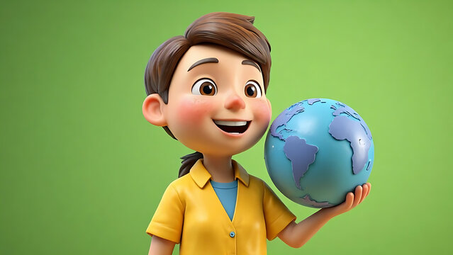 Happy 3D cartoon character holding Earth globe, representing global education, environmental awareness, and planetary connection.