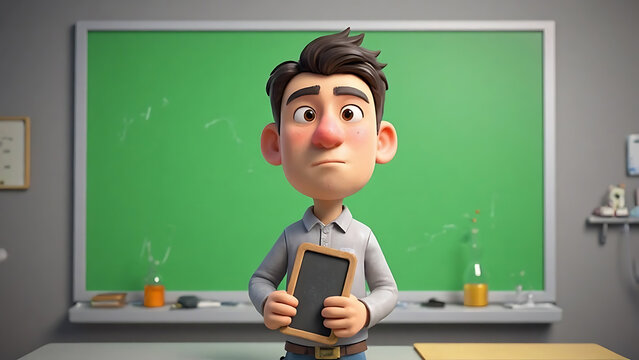 Thoughtful 3D Cartoon Character Holding Blank Mini Chalkboard in Classroom Setting - Powered by Adobe