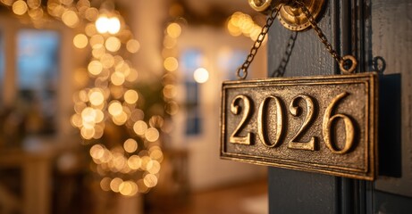 Brass 2026 sign hanging at door entrance with festive lights, during Christmas season 