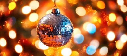 Obraz premium Colorful Disco Ball Reflecting Shiny Lights for Night Club Music close-up hanging from