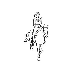 Black and white line art of a beautiful woman with perfect body riding horse elegant minimalist illustration
