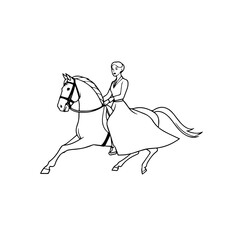 Black and white line art of a beautiful woman with perfect body riding horse elegant minimalist illustration