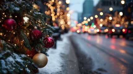 Close-up of Christmas tree with decorations and lights beside snowy street  