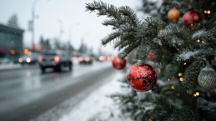 Evergreen tree decorated with Christmas ornaments on snow-covered street with cars on the road 