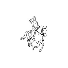 Black and white line art of a beautiful woman with perfect body riding horse elegant minimalist illustration