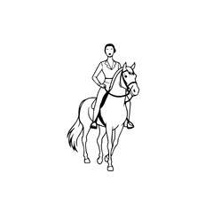Black and white line art of a beautiful woman with perfect body riding horse elegant minimalist illustration