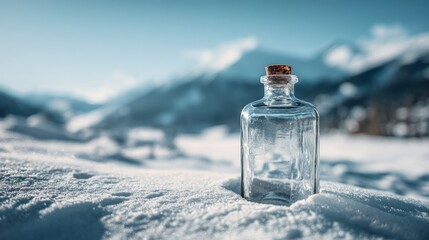 Clear glass bottle on snow with mountains in the background  