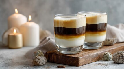 Layered coffee in glass cups with candles on a wooden board  
