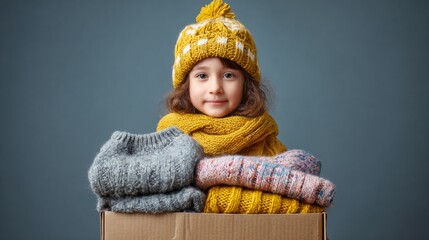 Child girl smiling while holding a box of winter clothes on grey background 