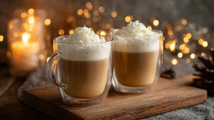 Two glasses of coffee topped with whipped cream on wooden board on winter background   