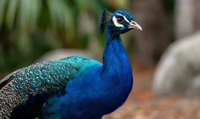 A close-up of a beautiful peacock, showing all it's beautiful colors in vibrant dynamic colors and lighting