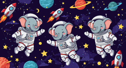 Three cute elephant astronauts joyfully explore space amidst rockets planets and stars