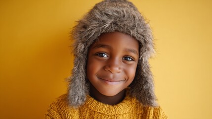 Happy black boy child smiling while wearing a grey hat and sweater against a yellow background  
