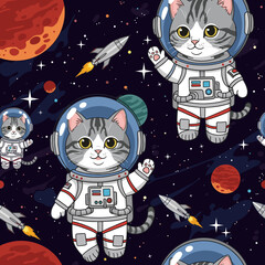 Adorable cartoon cats in astronaut suits float in space among planets and rockets