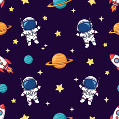 Playful seamless space pattern with cartoon astronauts rockets and planets for childrens designs