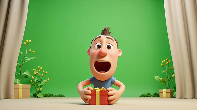 Excited 3D cartoon character holding a gift box with a surprised expression on a green screen stage, surrounded by plants and curtains.