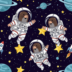Cute mole astronauts exploring a starry galaxy with planets and rockets joyful space adventure