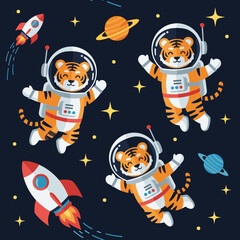 Cute tiger astronauts exploring starry space with rockets and planets Fun adventure education