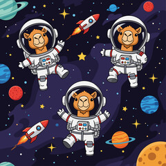 Whimsical camel astronauts explore the galaxy with rockets planets and stars