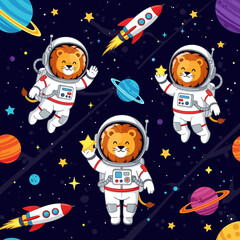 Cute cartoon lion astronauts explore vibrant space with planets and rockets Childhood adventure concept