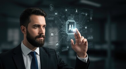 Handsome businessman interacting with AI interface showcasing innovation and futuristic technology solutions for digital transformation