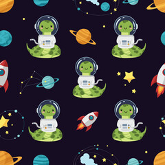 Adorable snake astronaut explores space Fun seamless pattern with planets rockets and stars