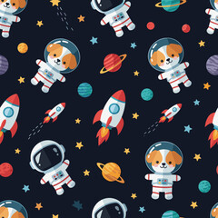 Cute astronaut dogs and rockets in space Fun seamless pattern for kids design