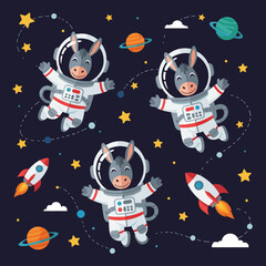Happy cartoon donkeys float as astronauts in space with planets stars and rockets